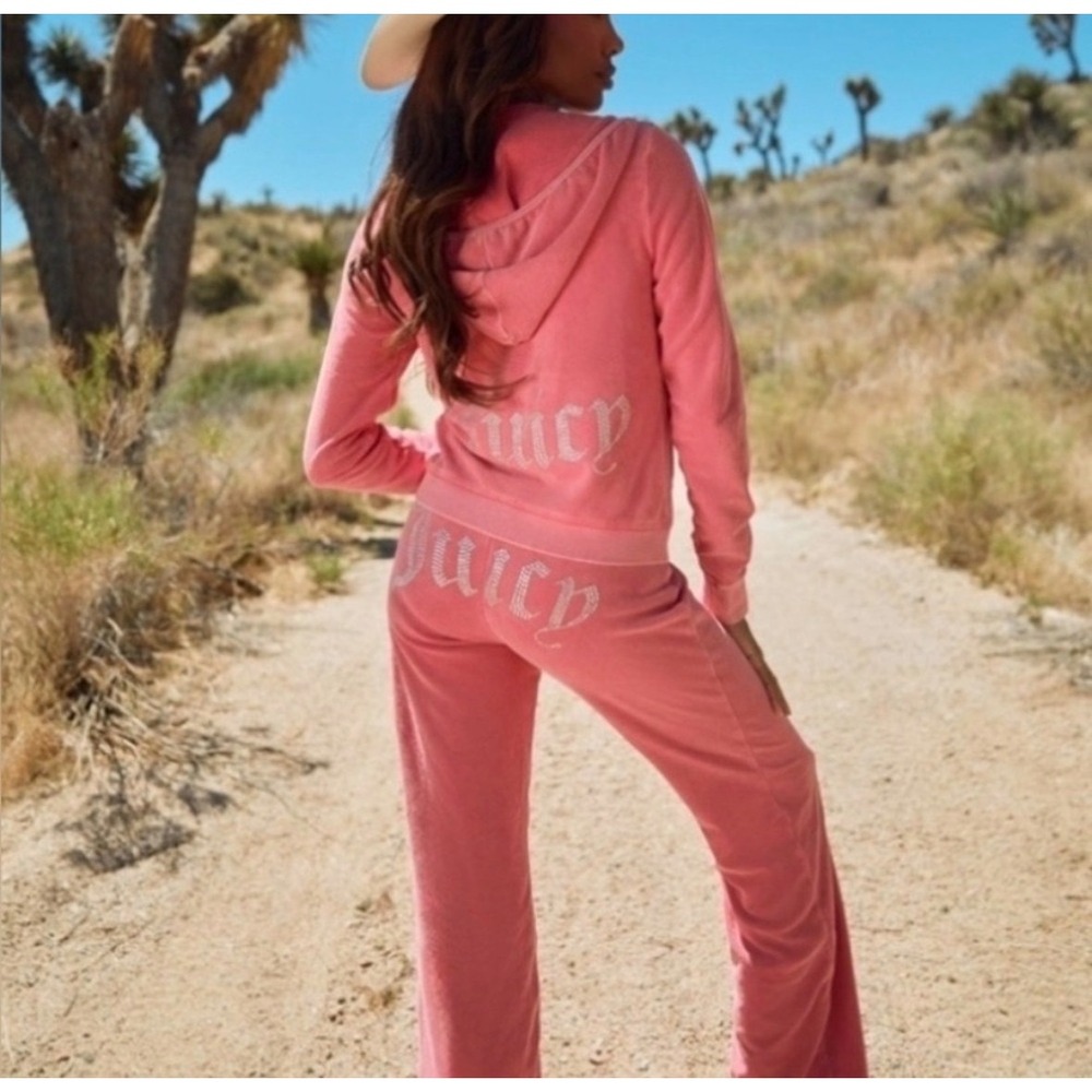 Juicy Couture Tracksuit Set M Flamingo Pink New Rhinestone Velour Hoodie Pants
